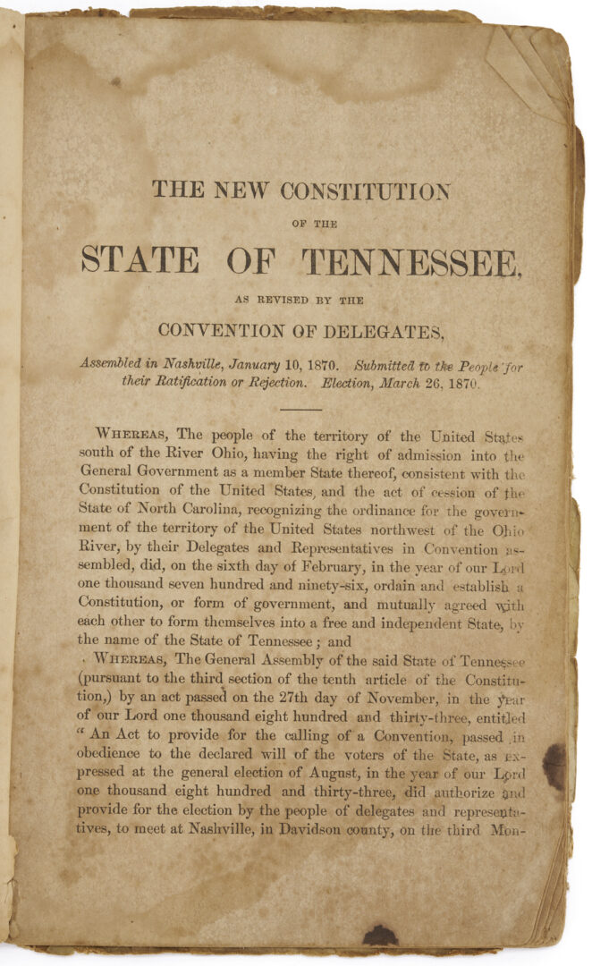 Lot 601: 1870 TN Constitution Plus 1827 Fayetteville Book / Imprint