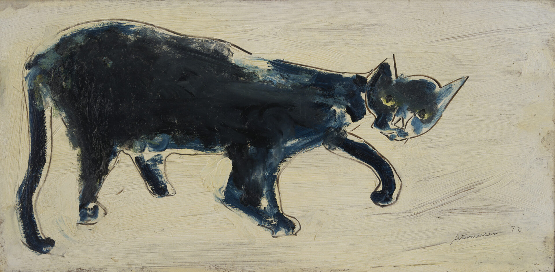 Lot 618: Sterling Strauser Oil on Board Painting, Black Cat