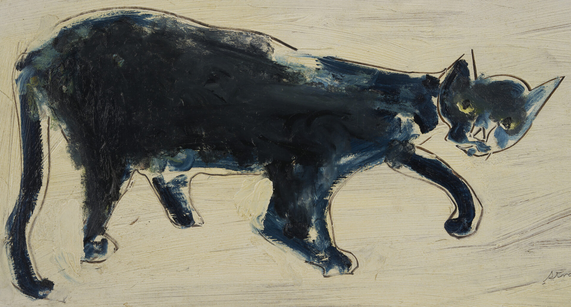 Lot 618: Sterling Strauser Oil on Board Painting, Black Cat