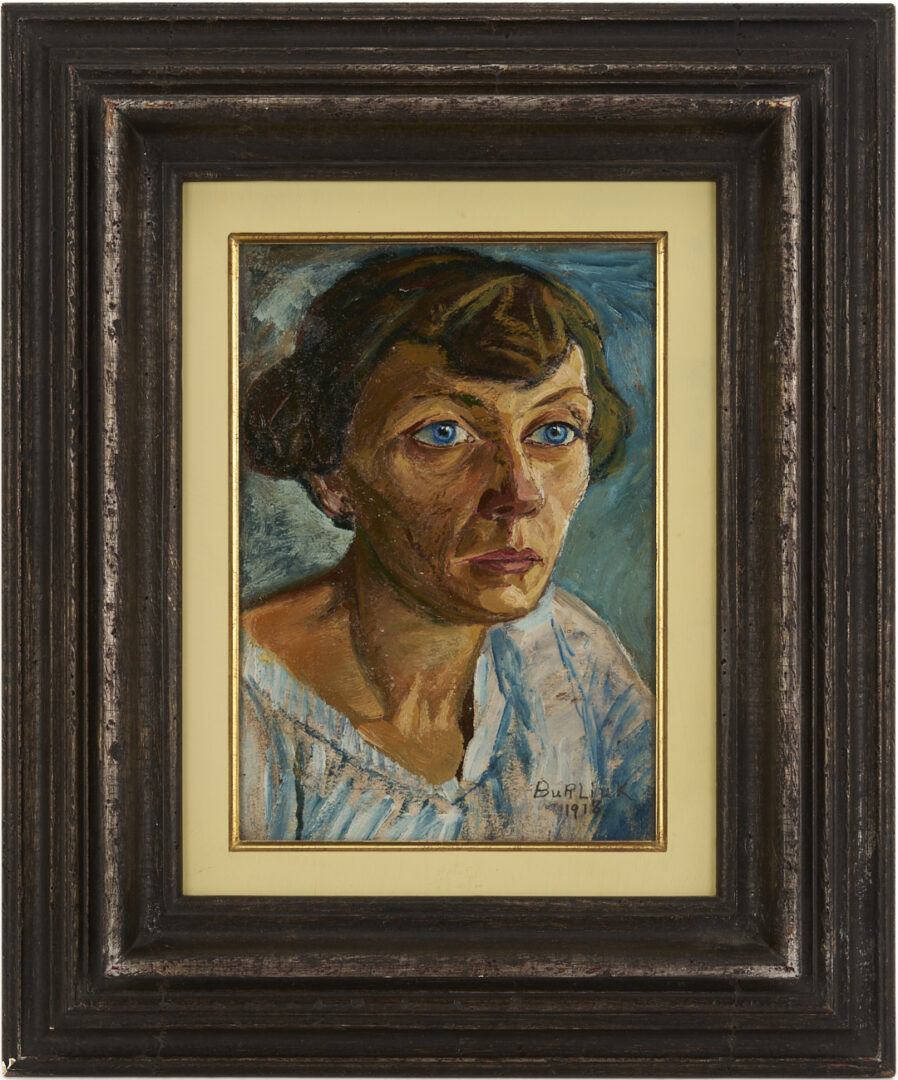 Lot 619: David Burliuk O/B Portrait of a Woman in Blue, 1918