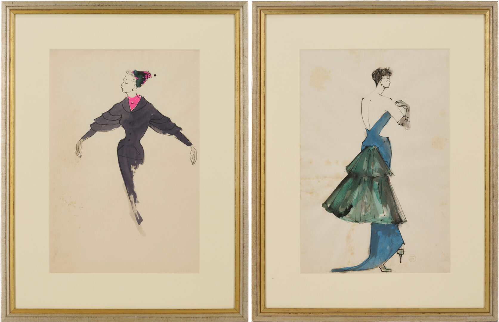Lot 638: 2 Serge Matta Watercolor Fashion Sketches, Blue Gown & Gray Suit