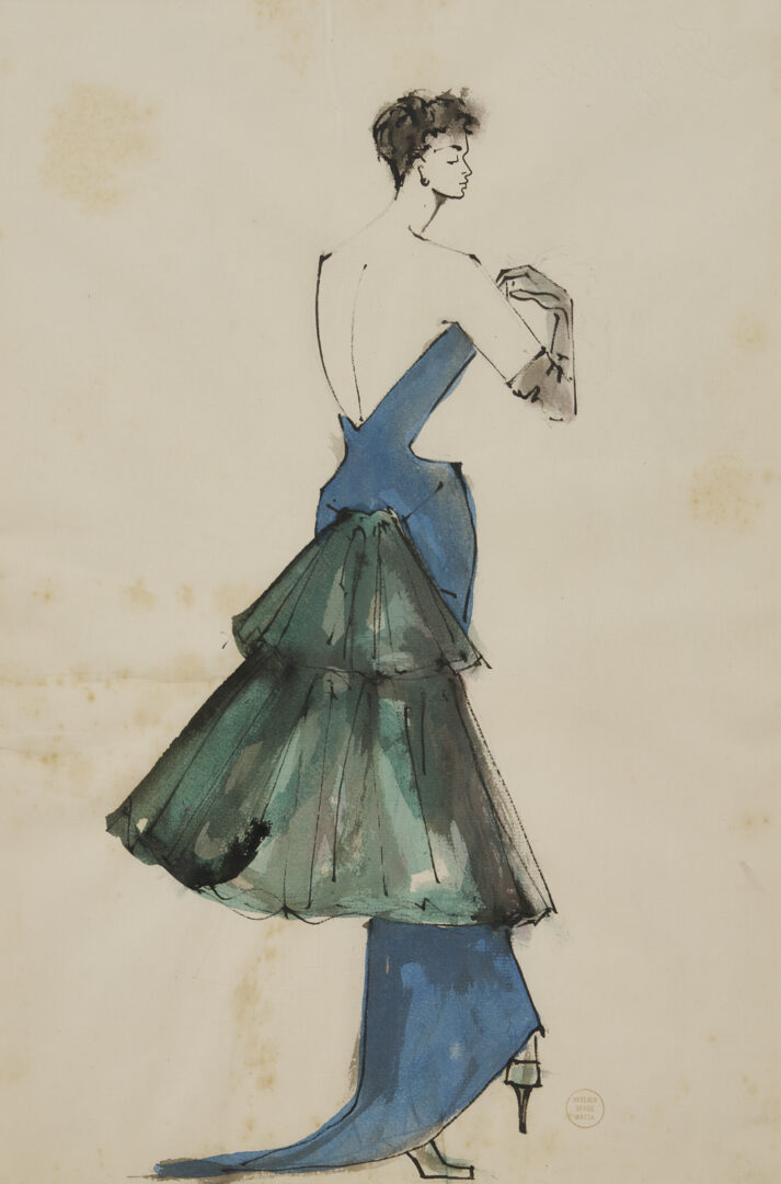 Lot 638: 2 Serge Matta Watercolor Fashion Sketches, Blue Gown & Gray Suit