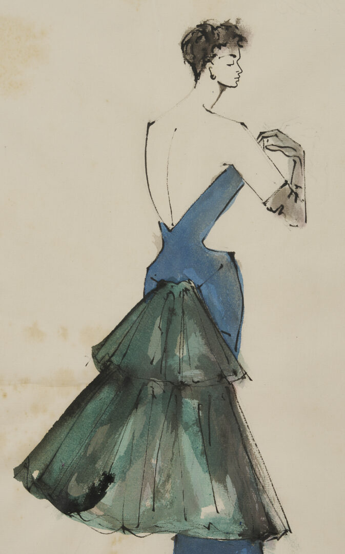 Lot 638: 2 Serge Matta Watercolor Fashion Sketches, Blue Gown & Gray Suit