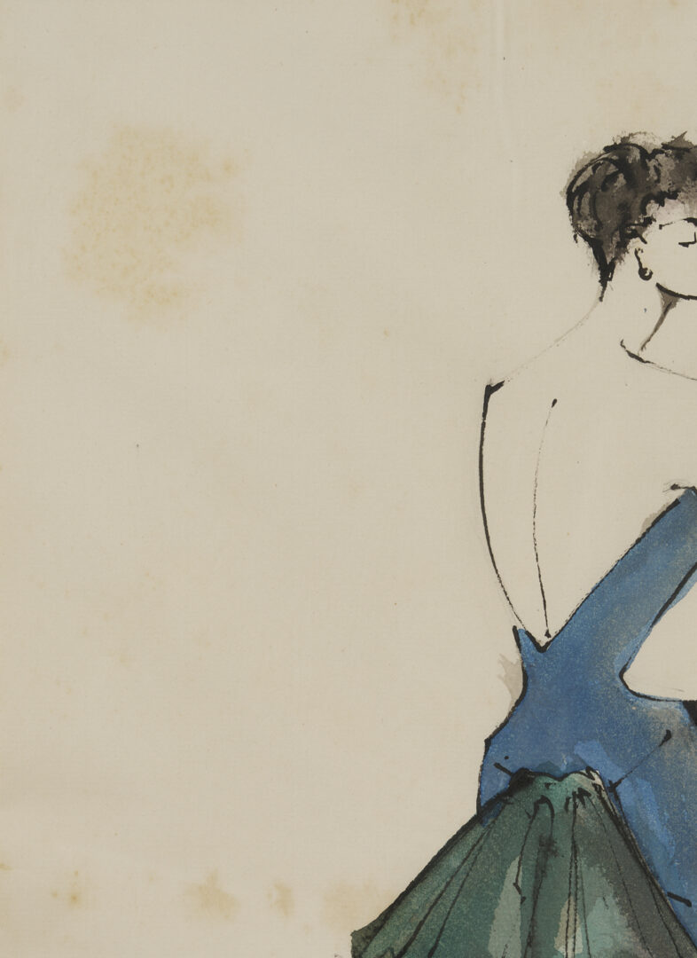 Lot 638: 2 Serge Matta Watercolor Fashion Sketches, Blue Gown & Gray Suit