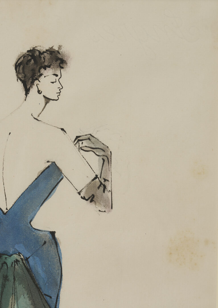 Lot 638: 2 Serge Matta Watercolor Fashion Sketches, Blue Gown & Gray Suit