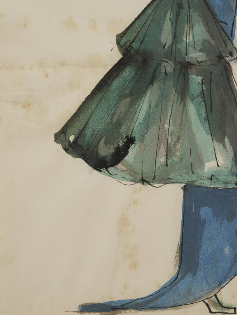 Lot 638: 2 Serge Matta Watercolor Fashion Sketches, Blue Gown & Gray Suit