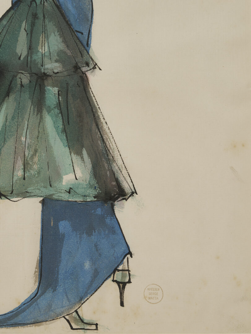 Lot 638: 2 Serge Matta Watercolor Fashion Sketches, Blue Gown & Gray Suit