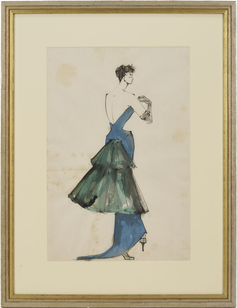 Lot 638: 2 Serge Matta Watercolor Fashion Sketches, Blue Gown & Gray Suit