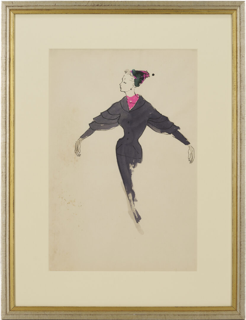 Lot 638: 2 Serge Matta Watercolor Fashion Sketches, Blue Gown & Gray Suit