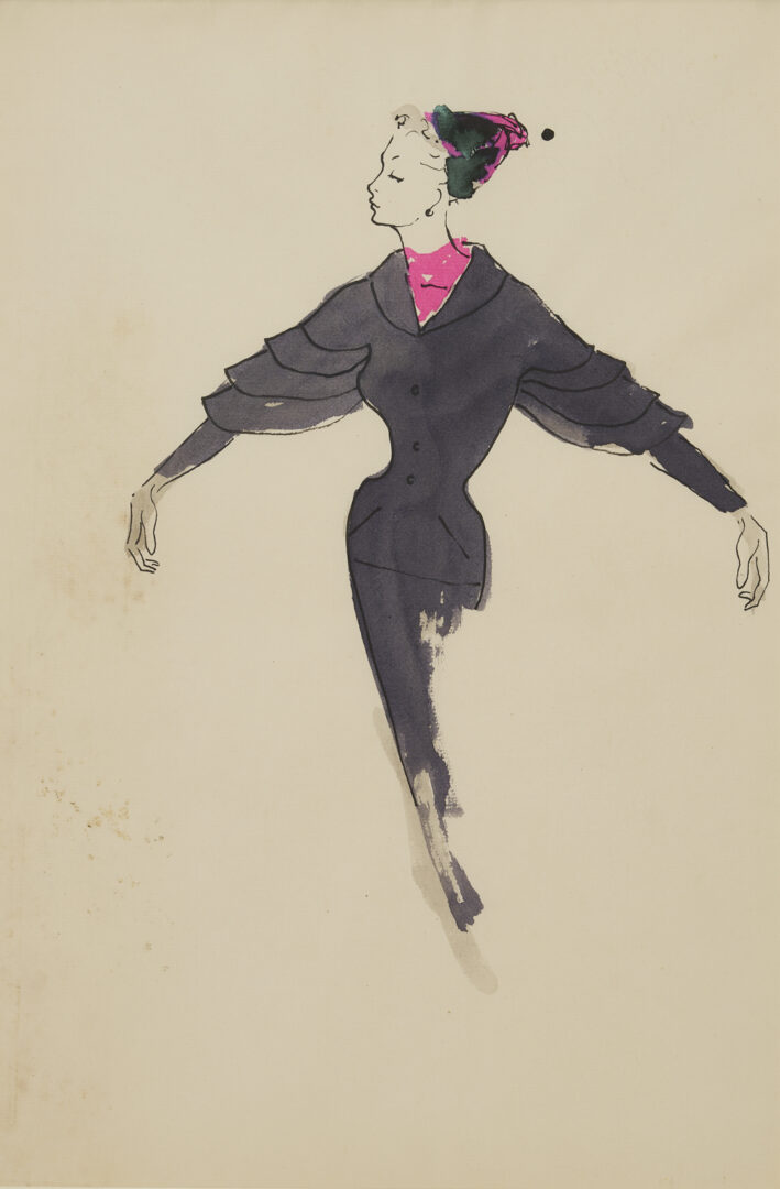 Lot 638: 2 Serge Matta Watercolor Fashion Sketches, Blue Gown & Gray Suit