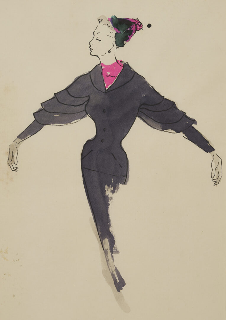 Lot 638: 2 Serge Matta Watercolor Fashion Sketches, Blue Gown & Gray Suit