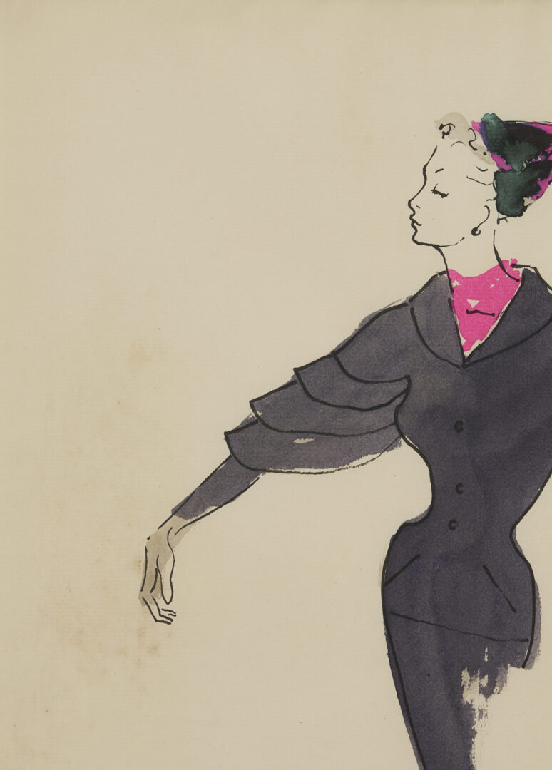 Lot 638: 2 Serge Matta Watercolor Fashion Sketches, Blue Gown & Gray Suit