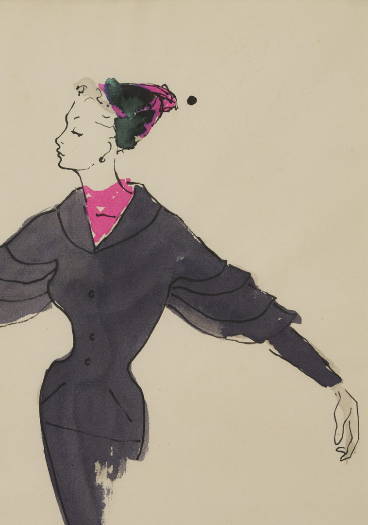 Lot 638: 2 Serge Matta Watercolor Fashion Sketches, Blue Gown & Gray Suit