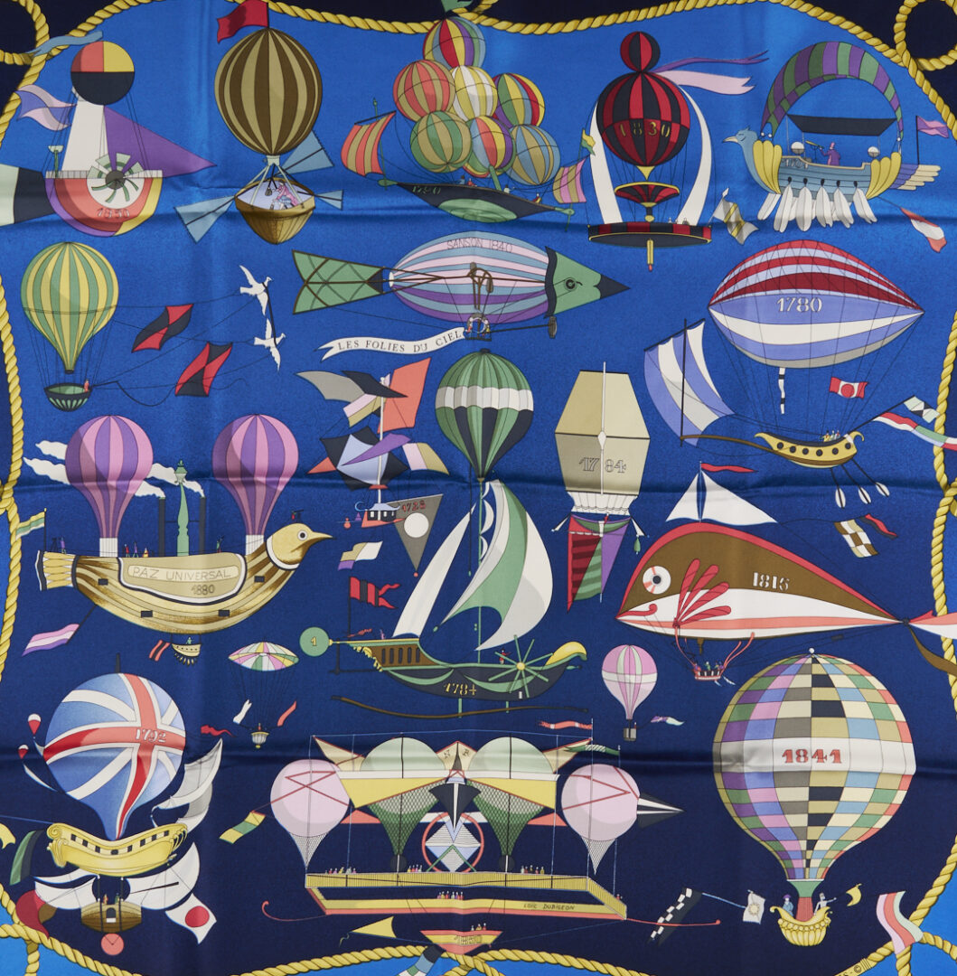 Lot 640: 2 Hermes Silk Twill Scarves: Les Folies Du Ciel, Dark Blue & Red