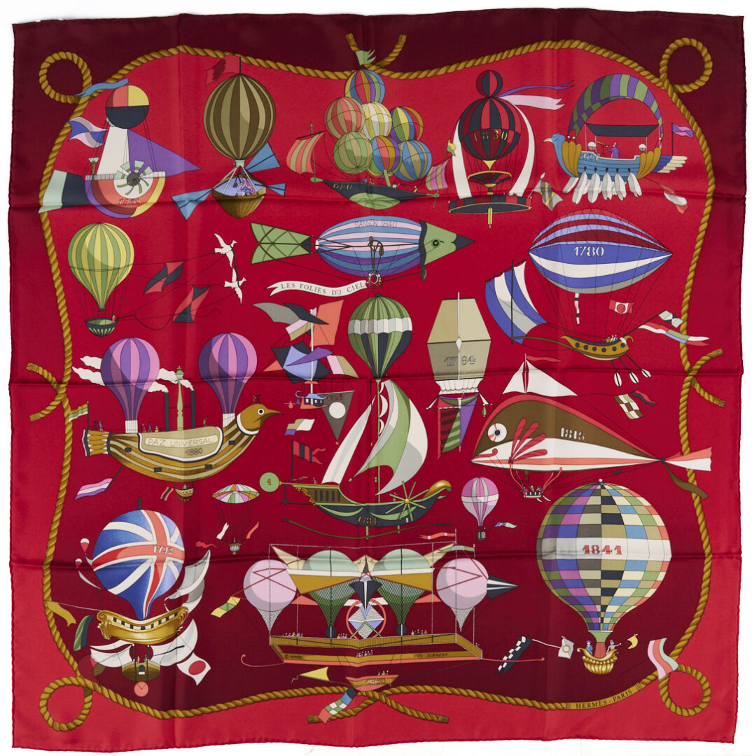 Lot 640: 2 Hermes Silk Twill Scarves: Les Folies Du Ciel, Dark Blue & Red