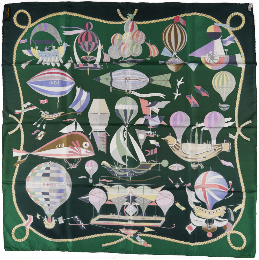 Lot 641: 2 Hermes Silk Twill Scarves: Les Folies Du Ciel, Green & Yellow