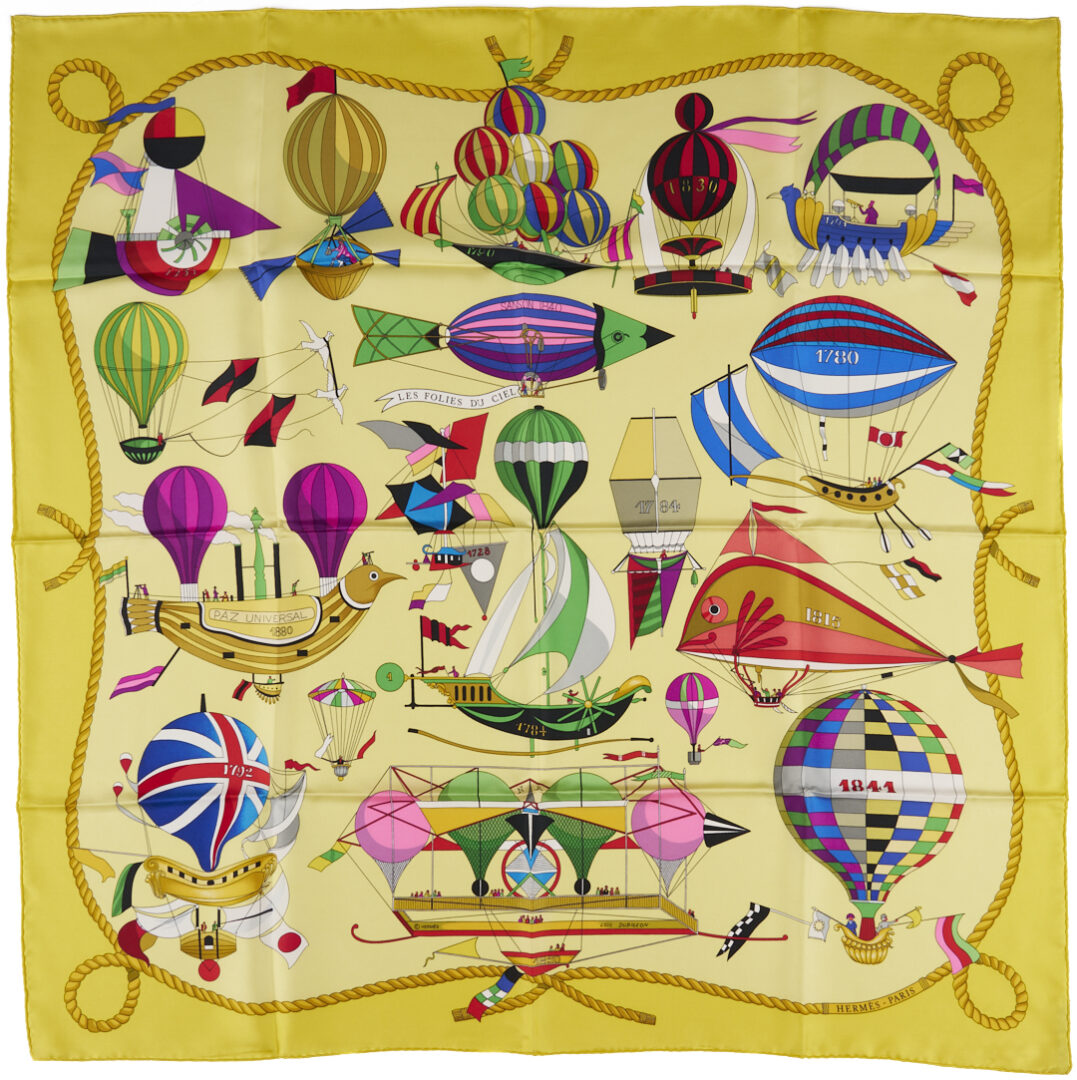 Lot 641: 2 Hermes Silk Twill Scarves: Les Folies Du Ciel, Green & Yellow