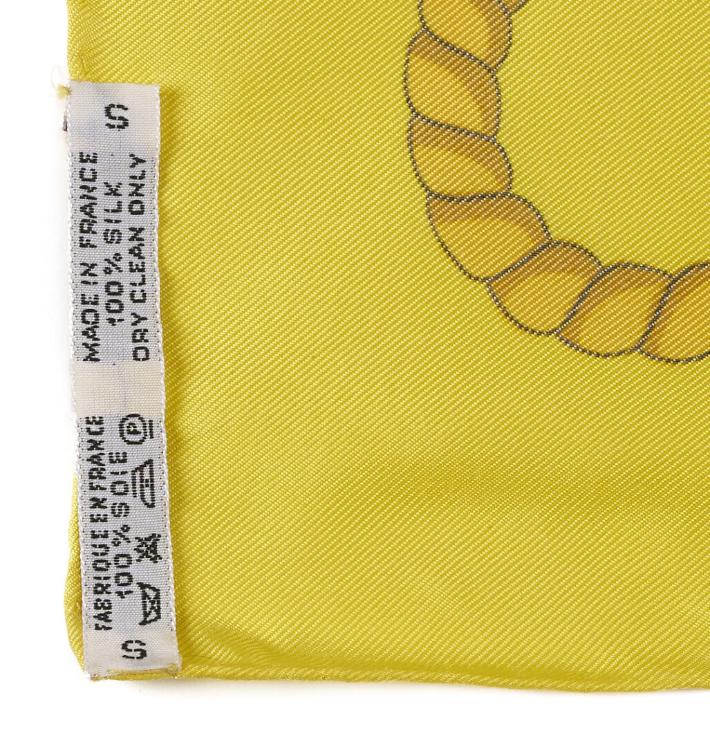 Lot 641: 2 Hermes Silk Twill Scarves: Les Folies Du Ciel, Green & Yellow