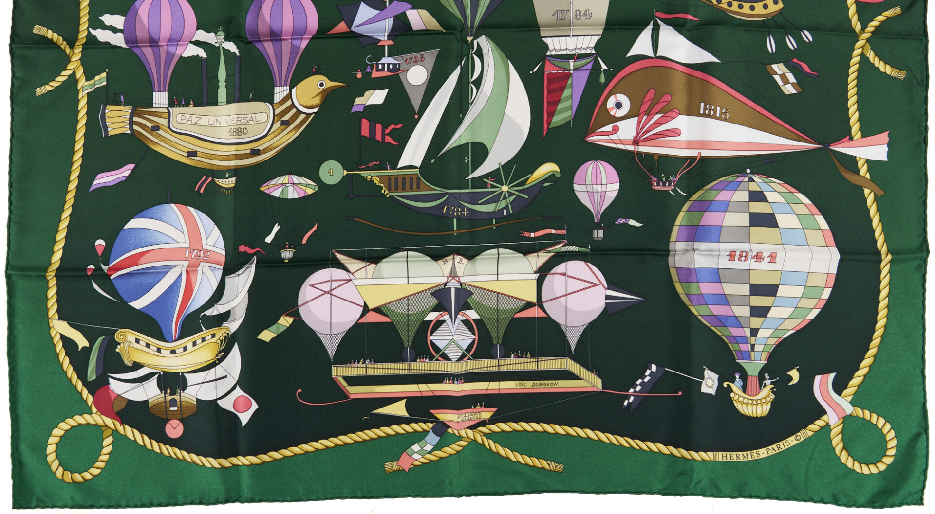 Lot 641: 2 Hermes Silk Twill Scarves: Les Folies Du Ciel, Green & Yellow