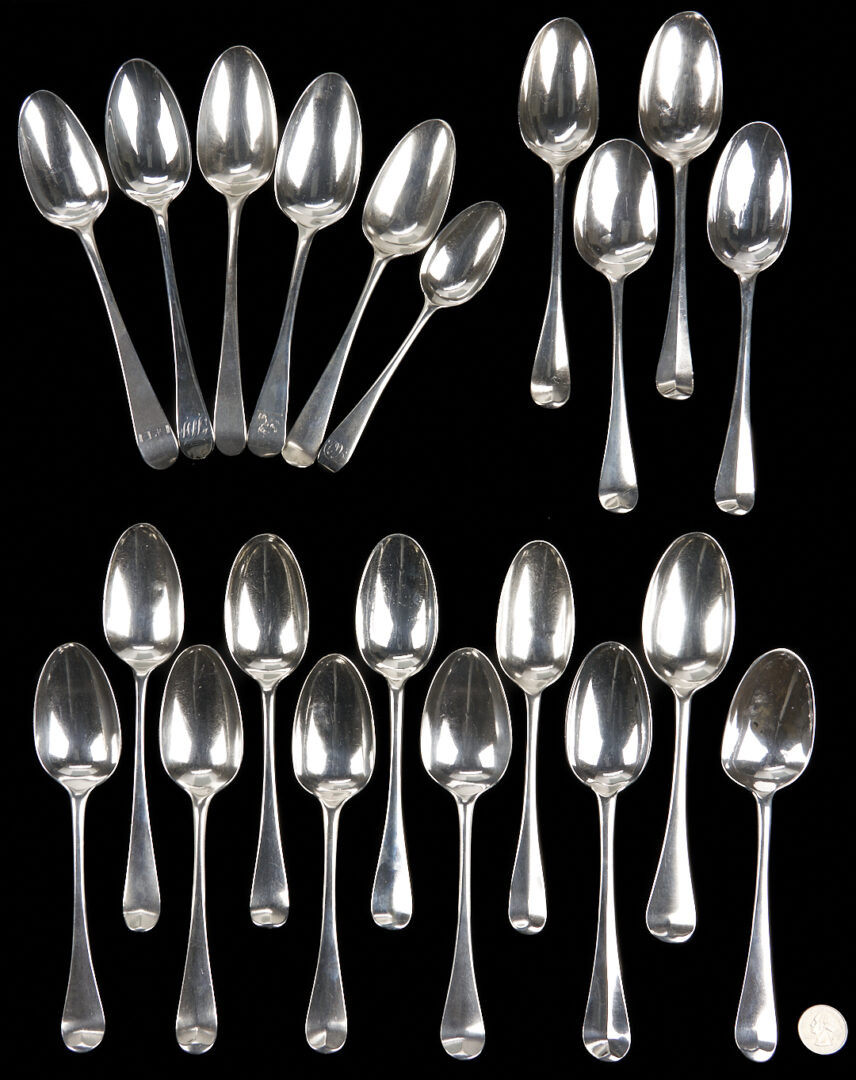 Lot 64: 21 English 18th c. Sterling Spoons incl. Hanoverian Rattail