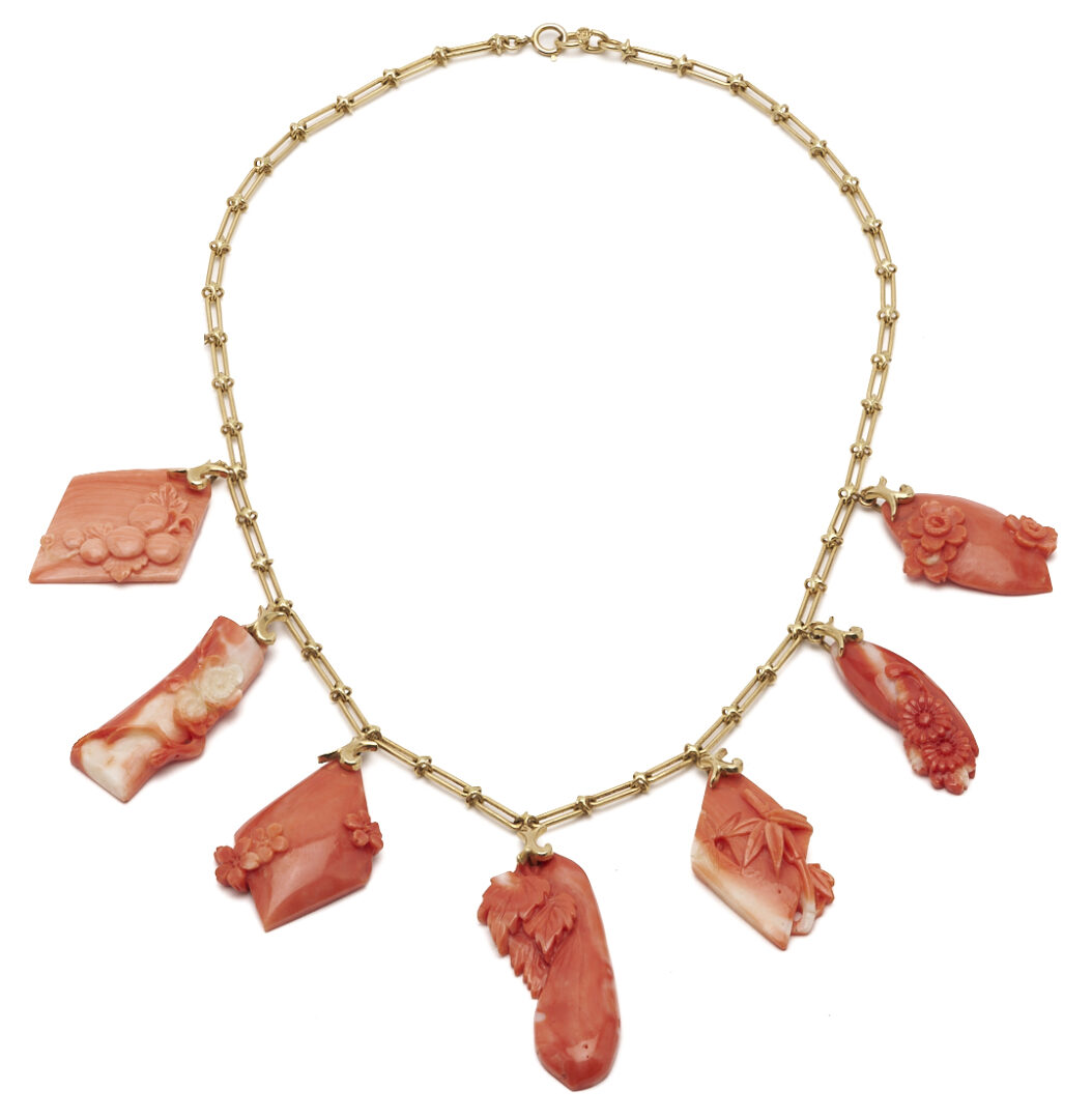 Lot 660: 15K Yellow Gold & Coral Art Nouveau Inspired Pendant Necklace