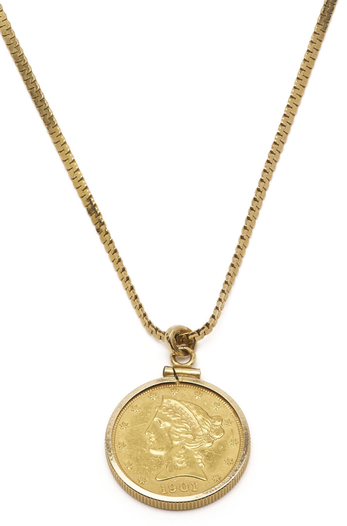 Lot 668: 14K Italian Serpentine Necklace with 1901S Liberty Head $5 Gold Coin Pendant