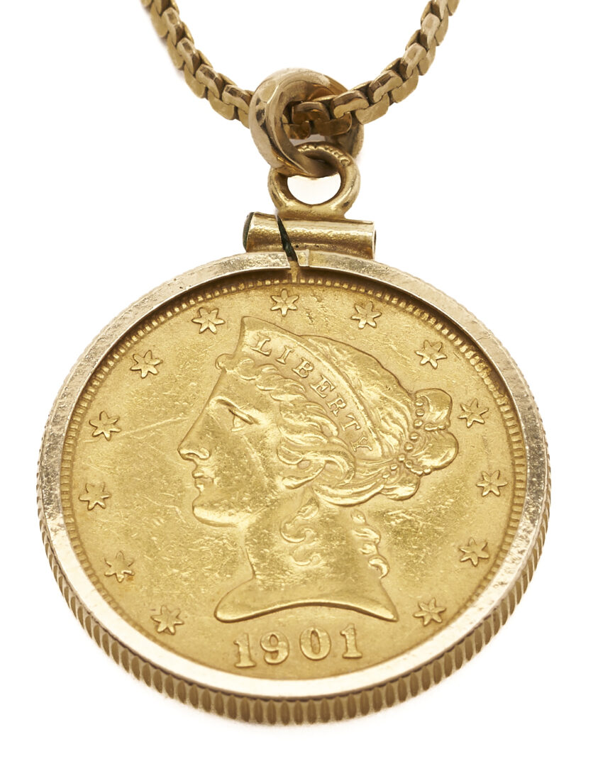 Lot 668: 14K Italian Serpentine Necklace with 1901S Liberty Head $5 Gold Coin Pendant
