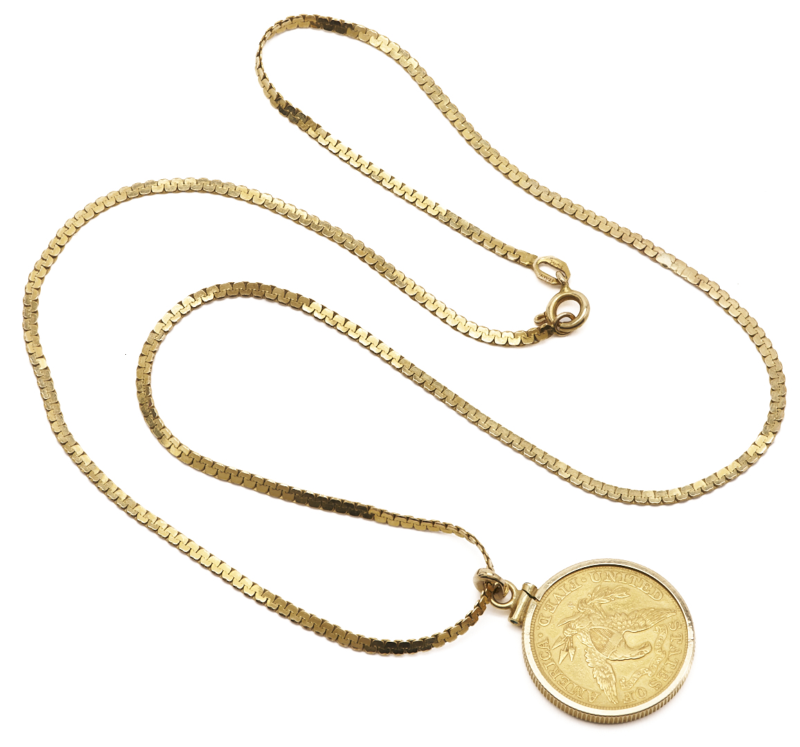 Lot 668: 14K Italian Serpentine Necklace with 1901S Liberty Head $5 Gold Coin Pendant