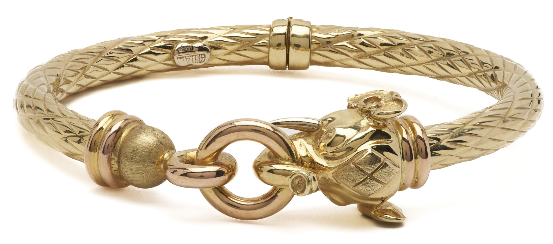 Lot 671: Italian 14K Bi-Gold Hinged Bangle w/ Elephant Motif