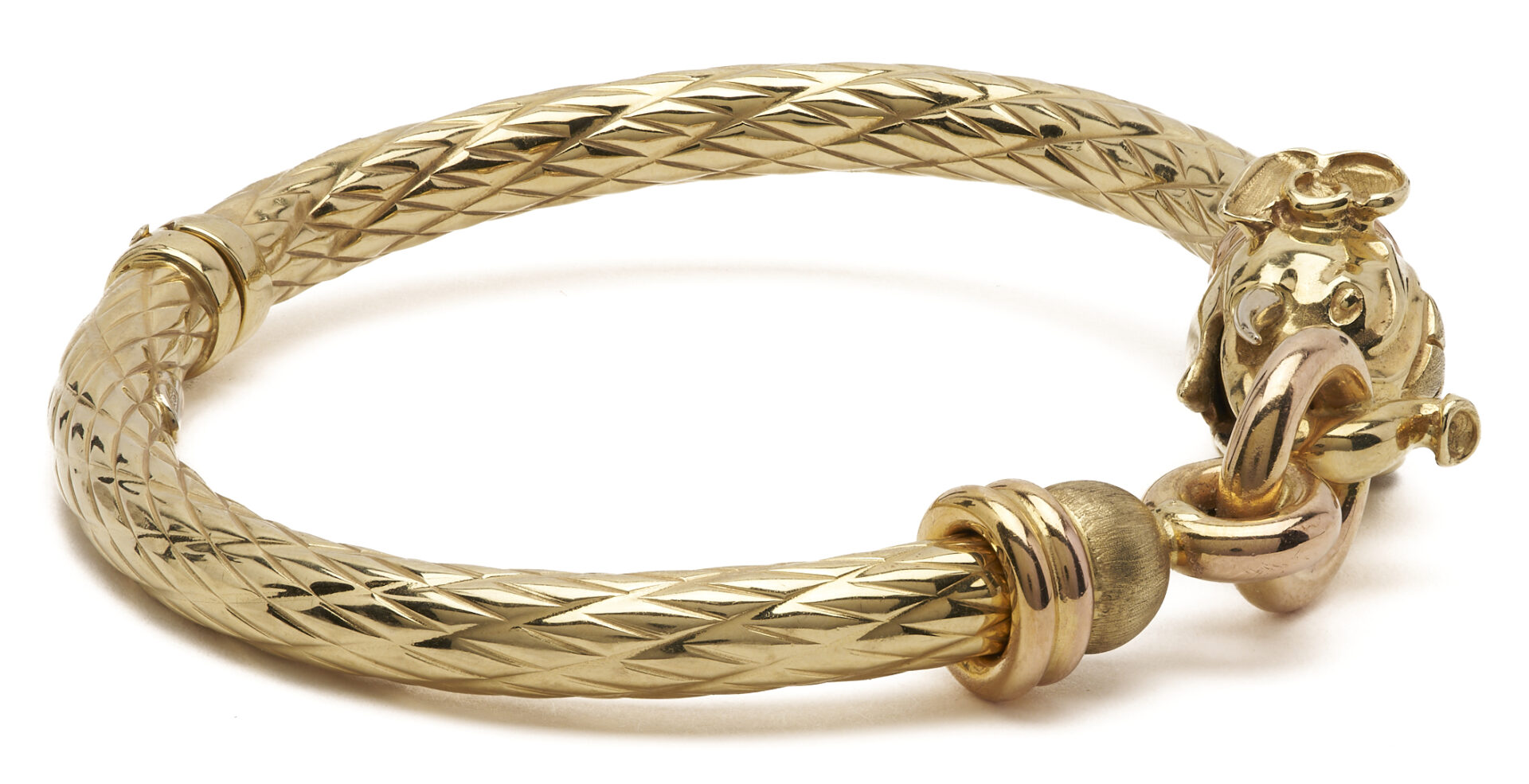 Lot 671: Italian 14K Bi-Gold Hinged Bangle w/ Elephant Motif