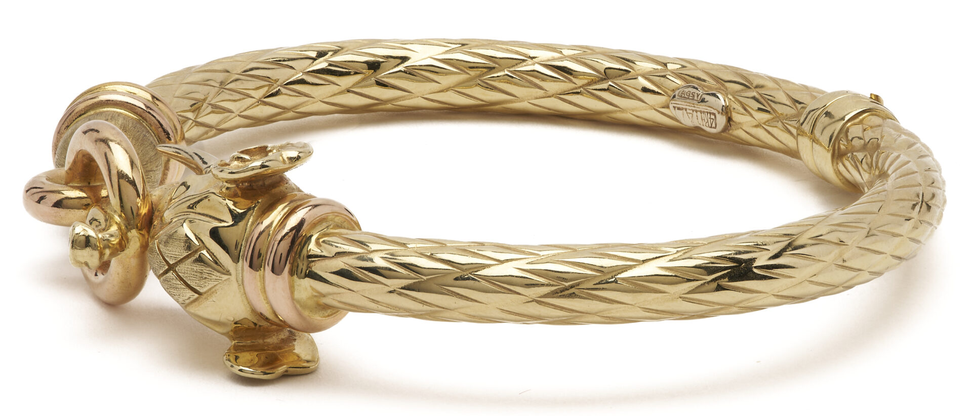 Lot 671: Italian 14K Bi-Gold Hinged Bangle w/ Elephant Motif