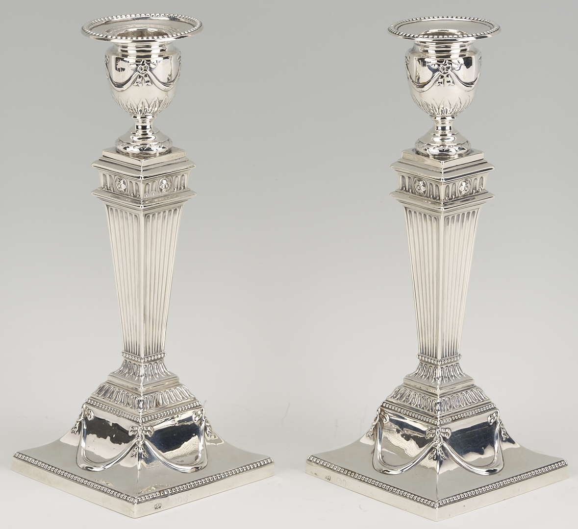Lot 67: J & H Savory – Pair of English Sterling Silver Candlesticks