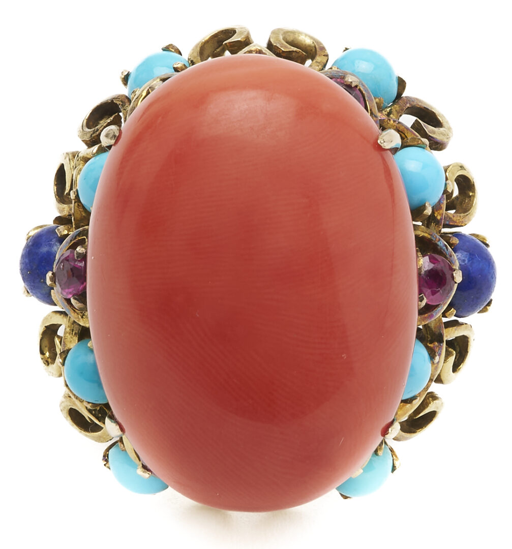 Lot 680: 14K Yellow Gold, Coral, Lapis, Turquoise and Ruby Ring
