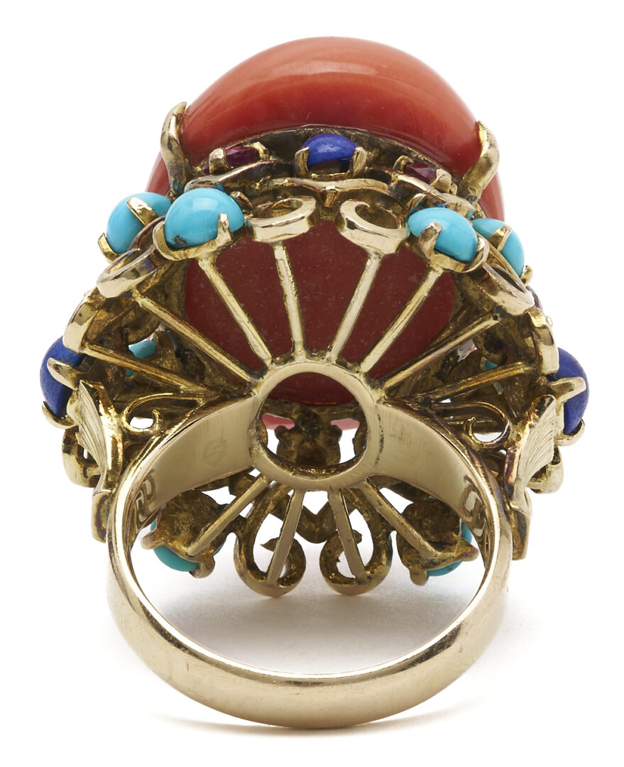Lot 680: 14K Yellow Gold, Coral, Lapis, Turquoise and Ruby Ring