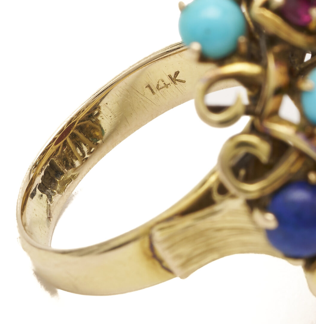 Lot 680: 14K Yellow Gold, Coral, Lapis, Turquoise and Ruby Ring