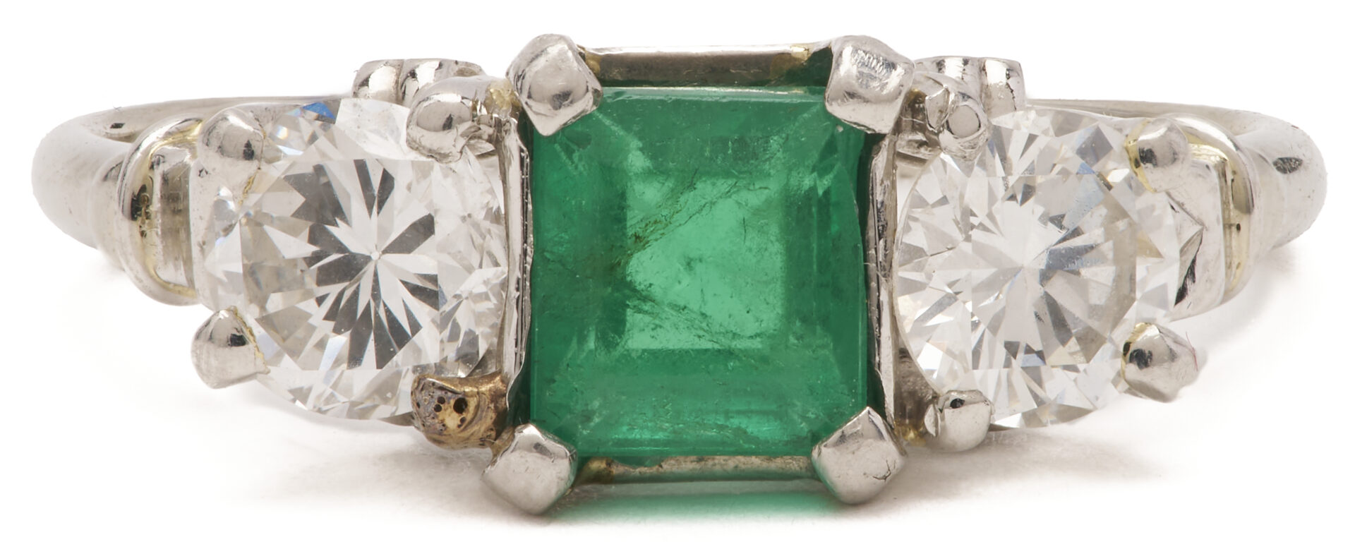 Lot 684: 18K Gold Emerald & Diamond 3-Stone Ring