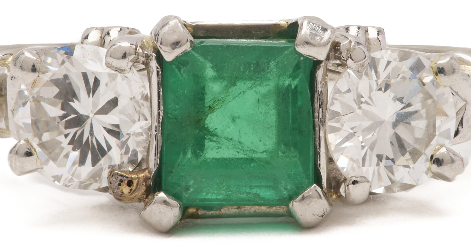 Lot 684: 18K Gold Emerald & Diamond 3-Stone Ring
