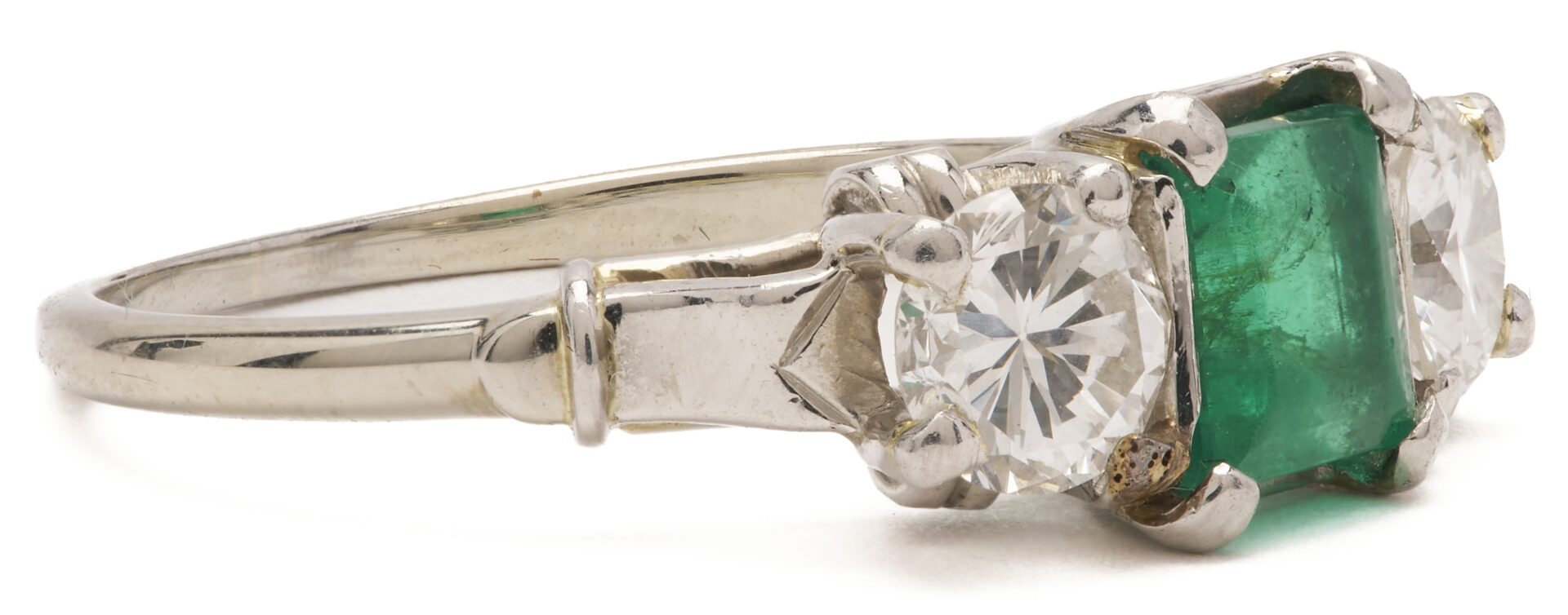 Lot 684: 18K Gold Emerald & Diamond 3-Stone Ring