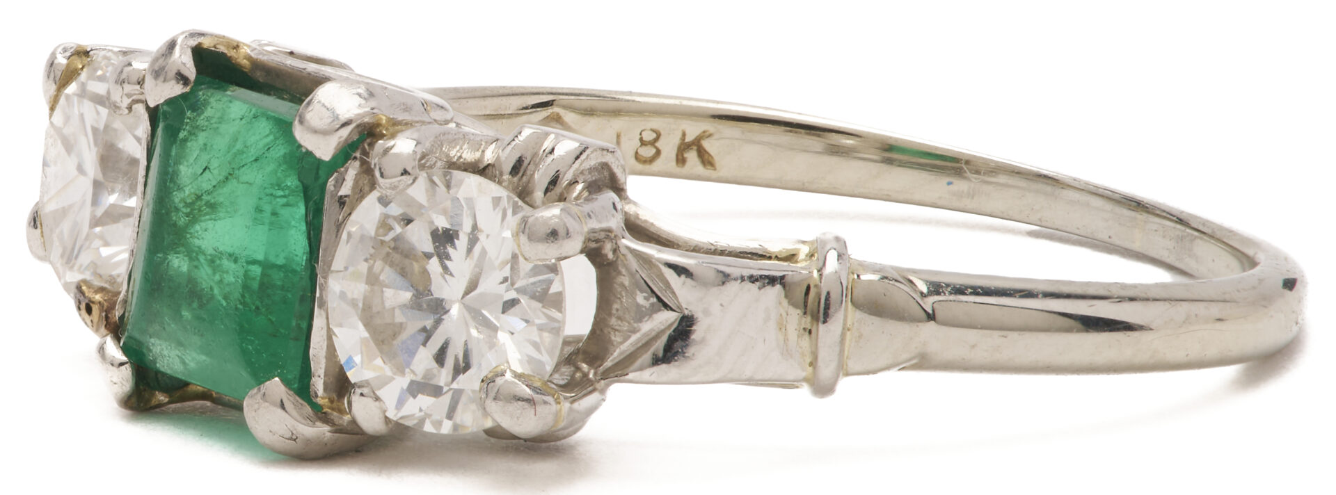 Lot 684: 18K Gold Emerald & Diamond 3-Stone Ring