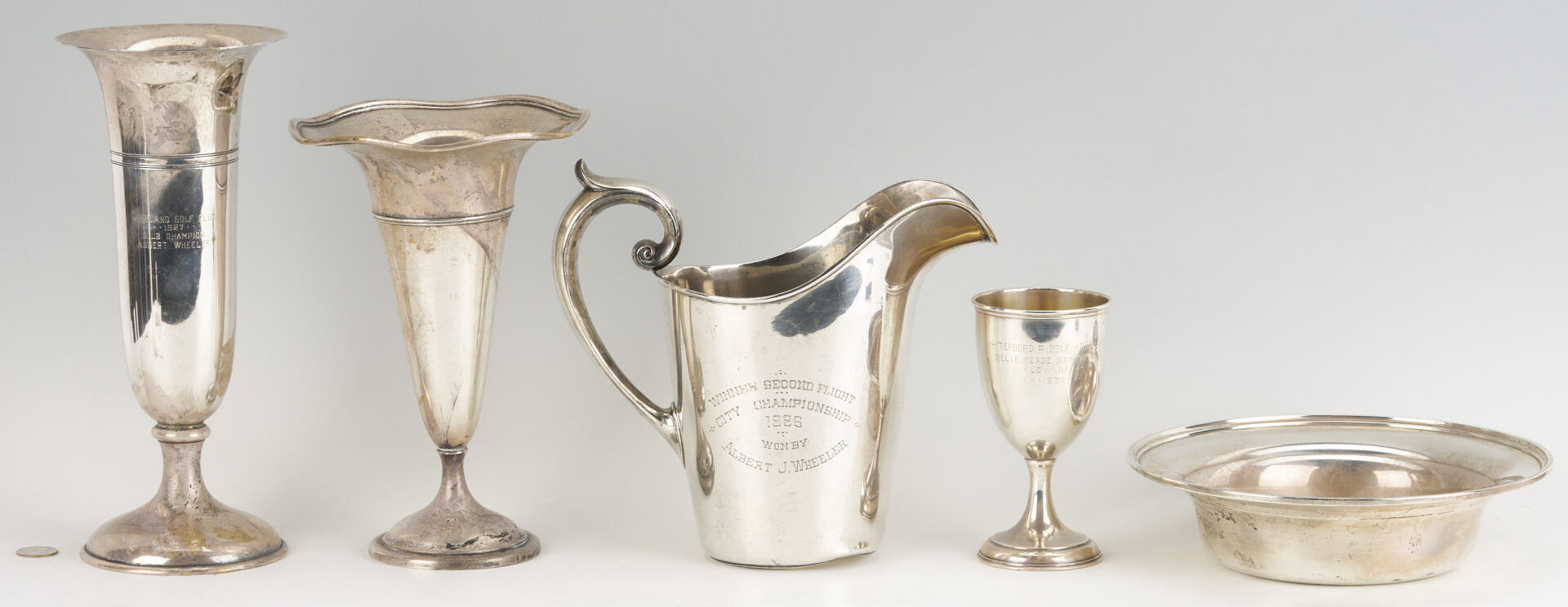 Lot 691: 5 Sterling Silver Nashville Golf Trophies: 2 Vases, Bowl, Pitcher, Goblet
