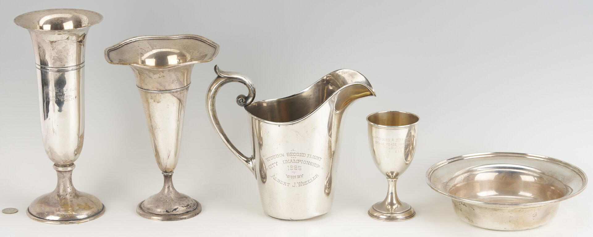 Lot 691: 5 Sterling Silver Nashville Golf Trophies: 2 Vases, Bowl, Pitcher, Goblet
