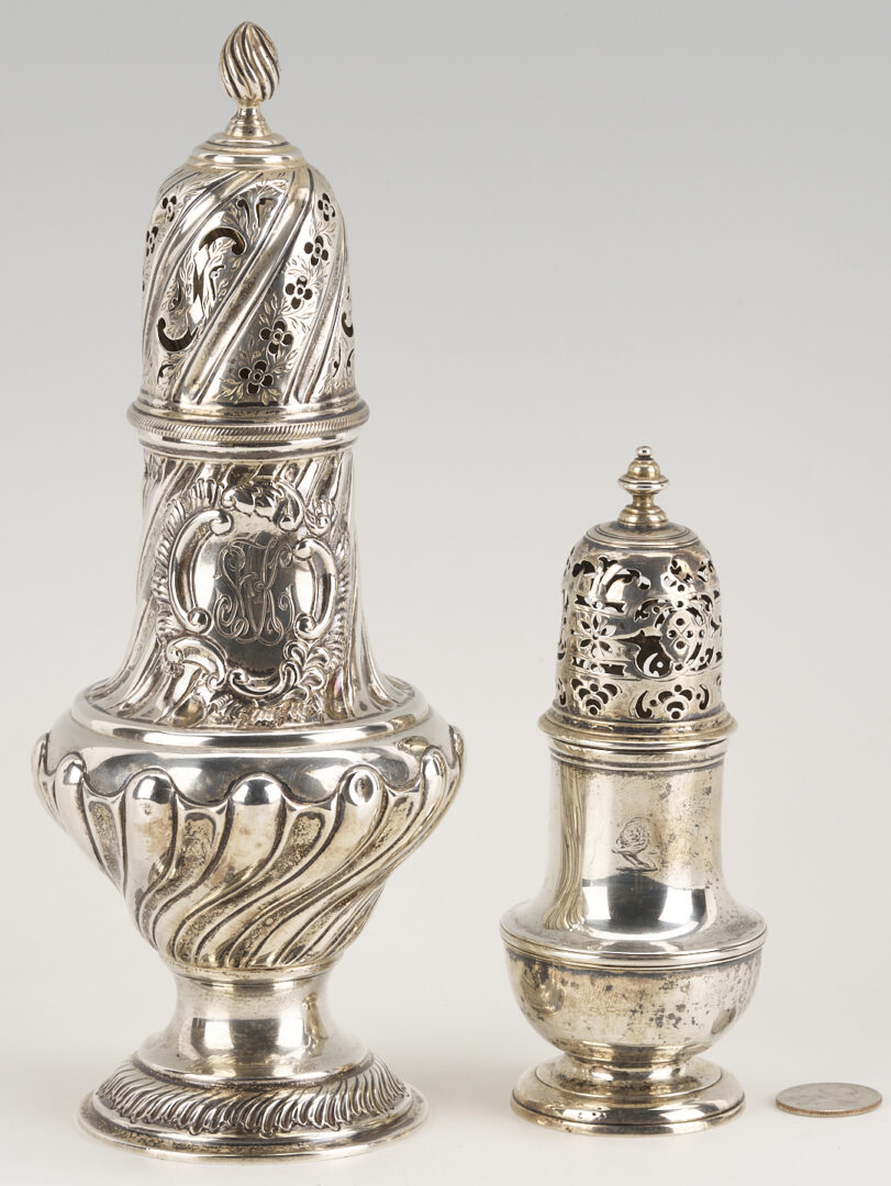 Lot 69: 2 English Sterling Silver Casters: Geo. II and Victorian