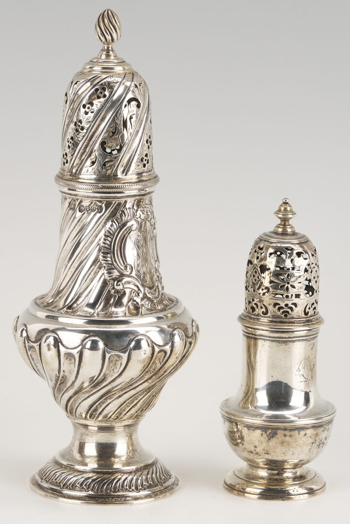Lot 69: 2 English Sterling Silver Casters: Geo. II and Victorian