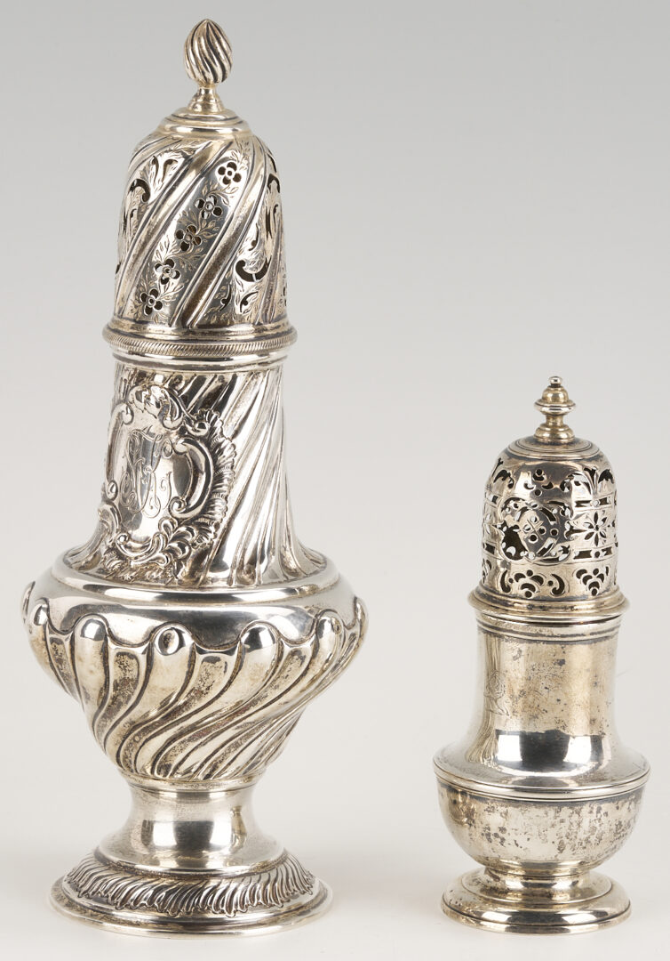Lot 69: 2 English Sterling Silver Casters: Geo. II and Victorian