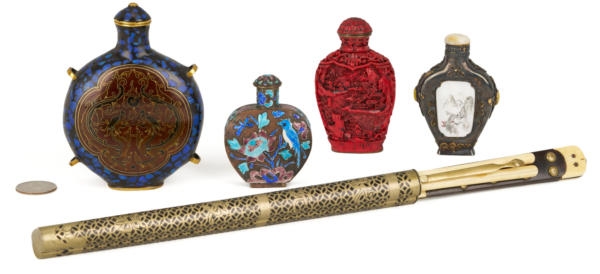 Lot 6: 4 Chinese Snuff Bottles, incl. Cinnabar & Silver and Chinese Trousse