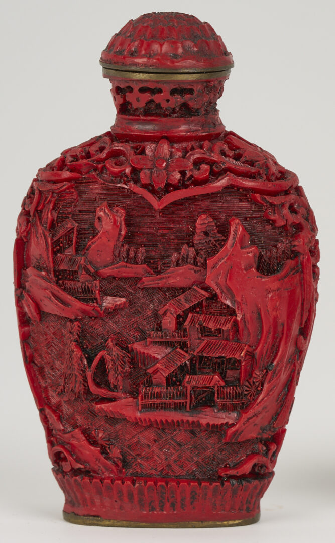 Lot 6: 4 Chinese Snuff Bottles, incl. Cinnabar & Silver and Chinese Trousse