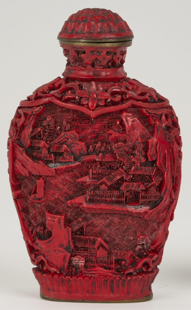 Lot 6: 4 Chinese Snuff Bottles, incl. Cinnabar & Silver and Chinese Trousse