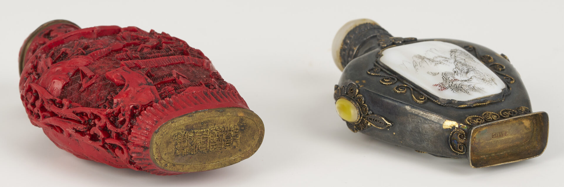 Lot 6: 4 Chinese Snuff Bottles, incl. Cinnabar & Silver and Chinese Trousse