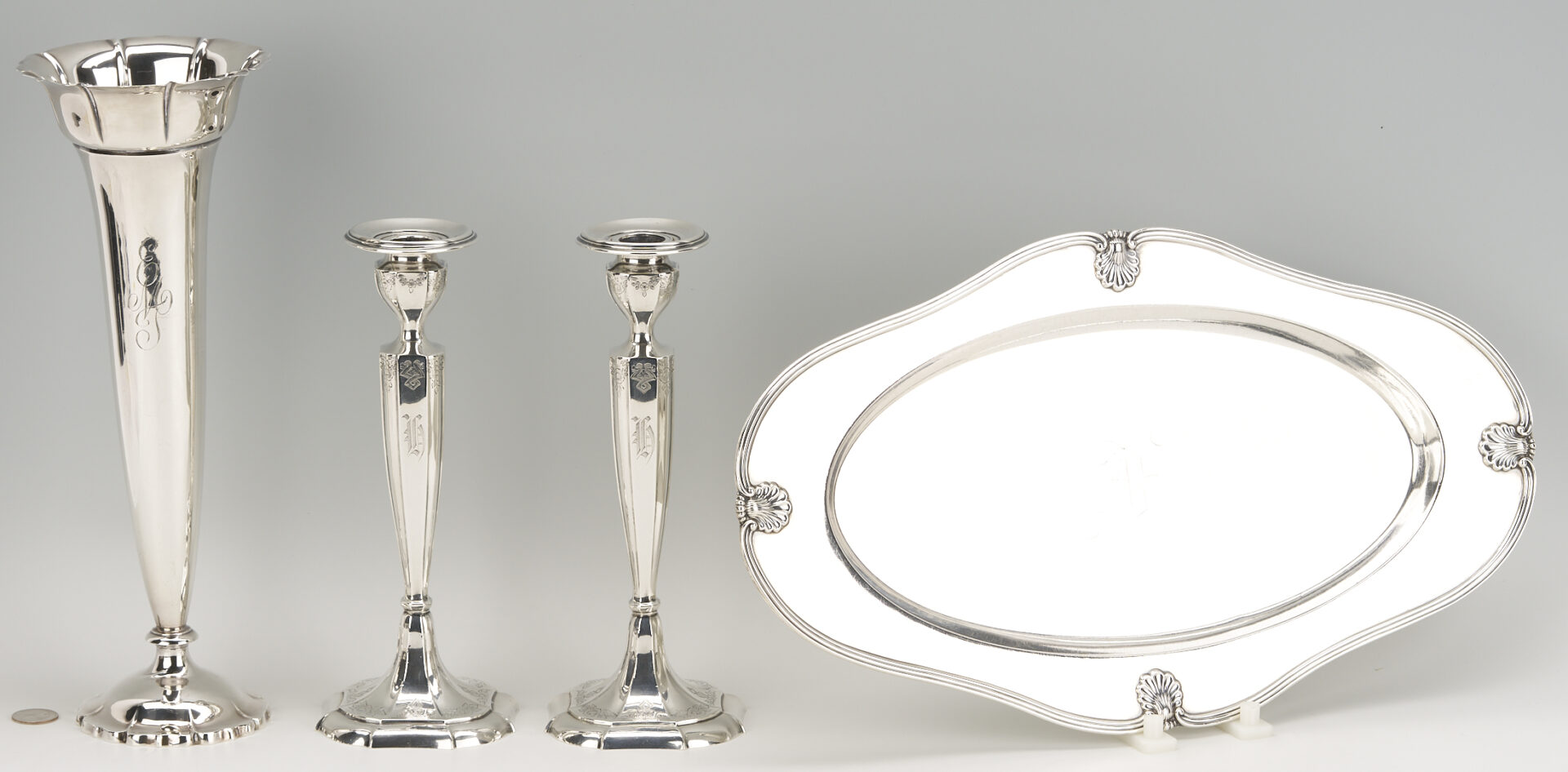 Lot 707: 4 Sterling Items: Oval Tray, Candlesticks, & Trumpet Vase