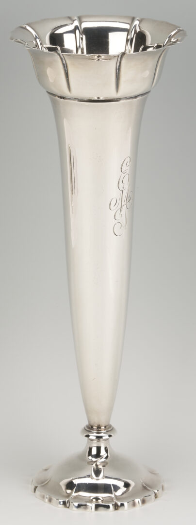 Lot 707: 4 Sterling Items: Oval Tray, Candlesticks, & Trumpet Vase